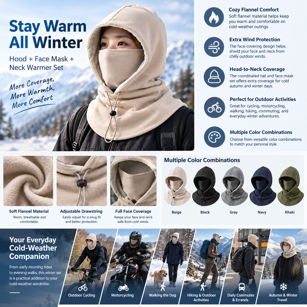 2-Piece Winter Flannel Hat & Face Mask Set