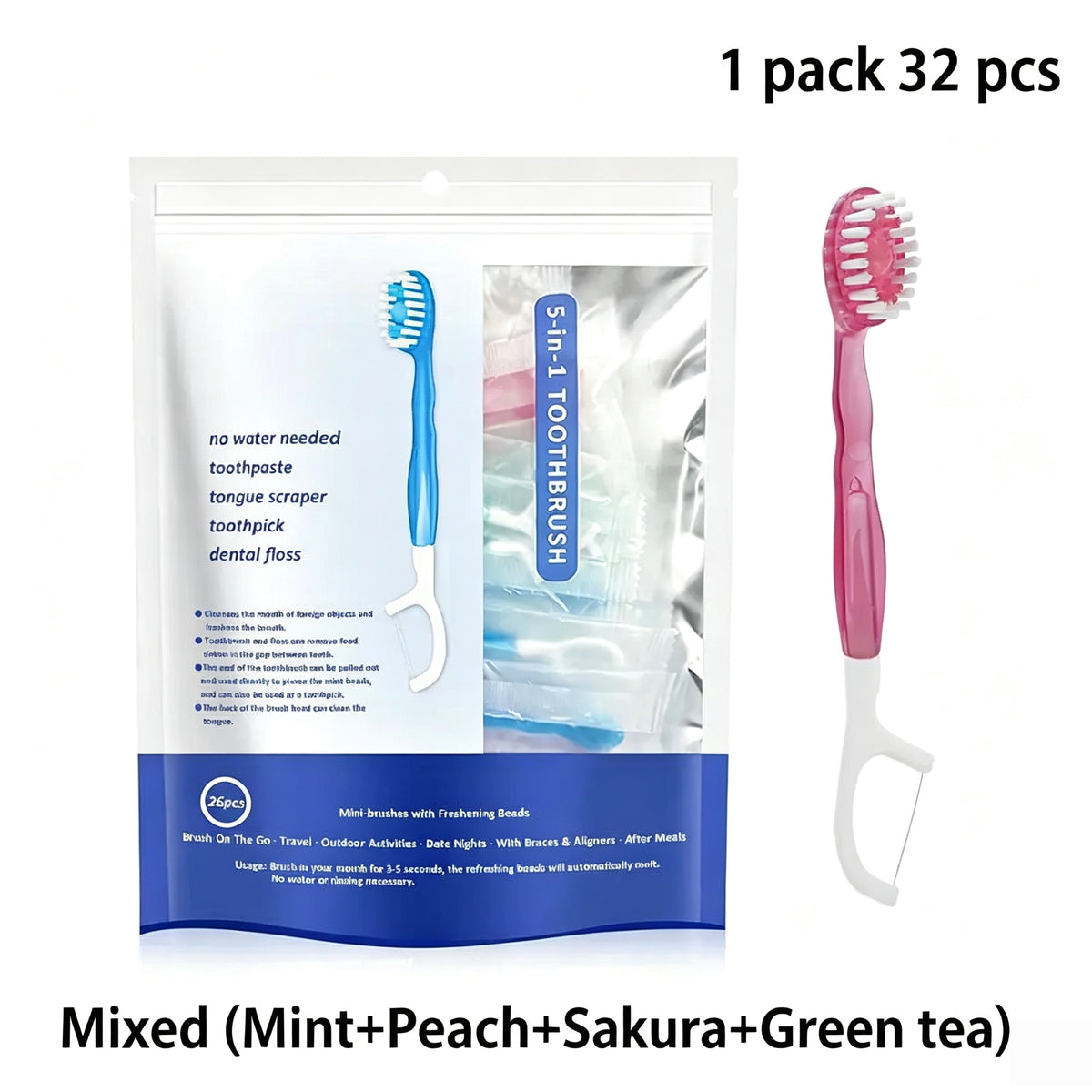 5 in 1 Toothbrush & Floss & Tongue Scraper & Toothpick Set,Oral Care Tool for Travel, Business Trip, Teeth Cleaning Kit