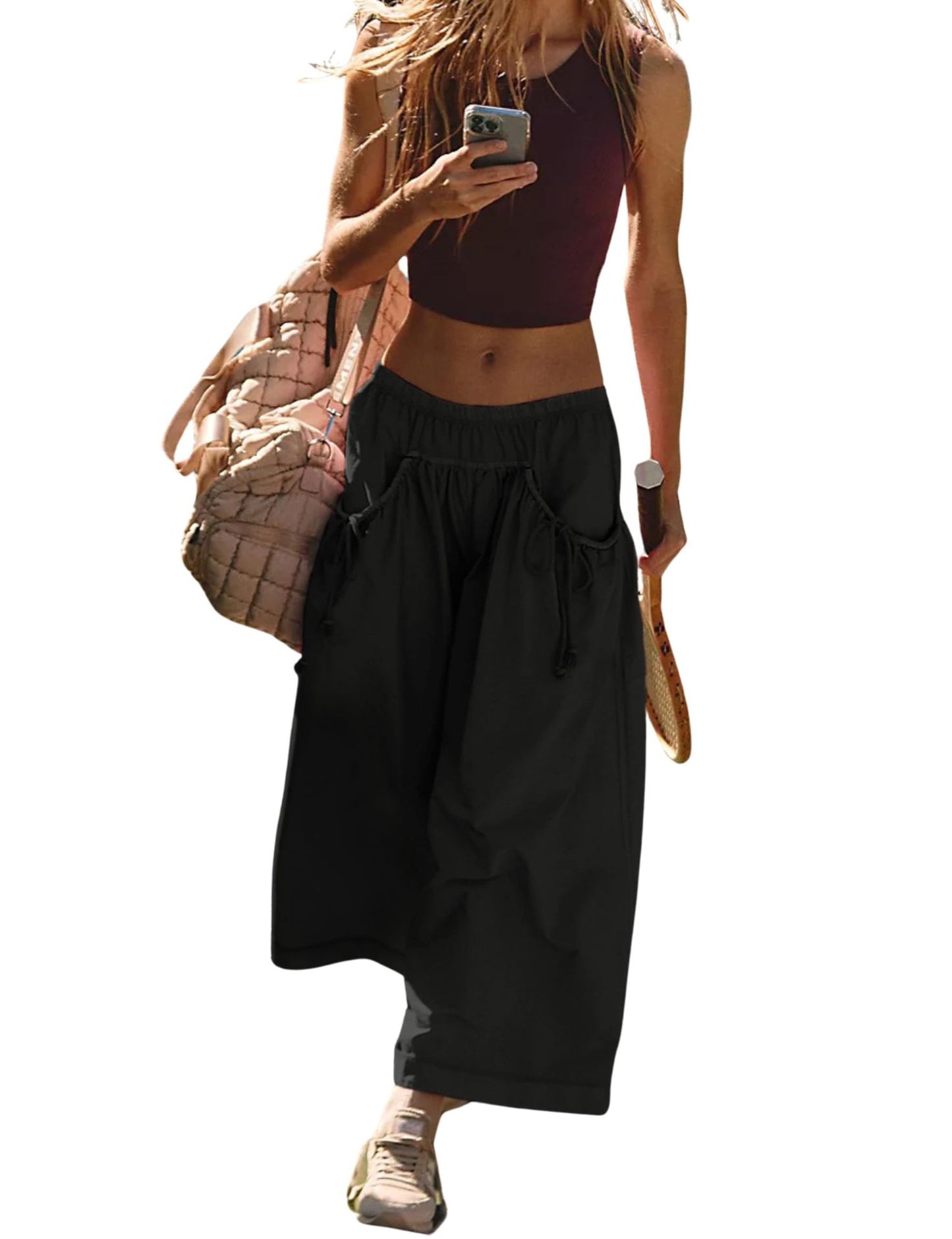 Women Loose Wide Leg Capri Track Pants, Elastic Drawstring Waist with Pockets, Athleisure Pants for Hiking Gym
