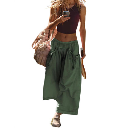 Women Loose Wide Leg Capri Track Pants, Elastic Drawstring Waist with Pockets, Athleisure Pants for Hiking Gym