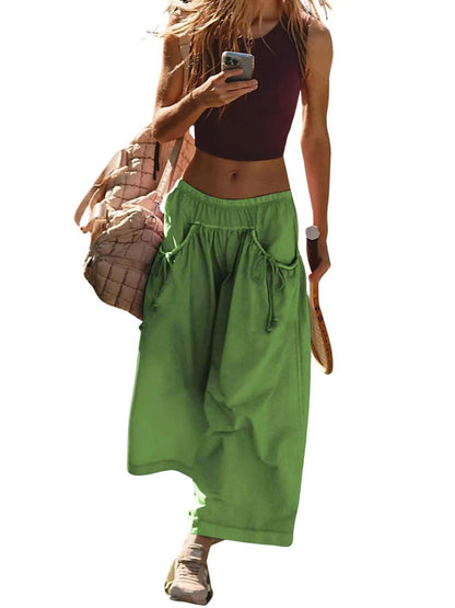 Women Loose Wide Leg Capri Track Pants, Elastic Drawstring Waist with Pockets, Athleisure Pants for Hiking Gym