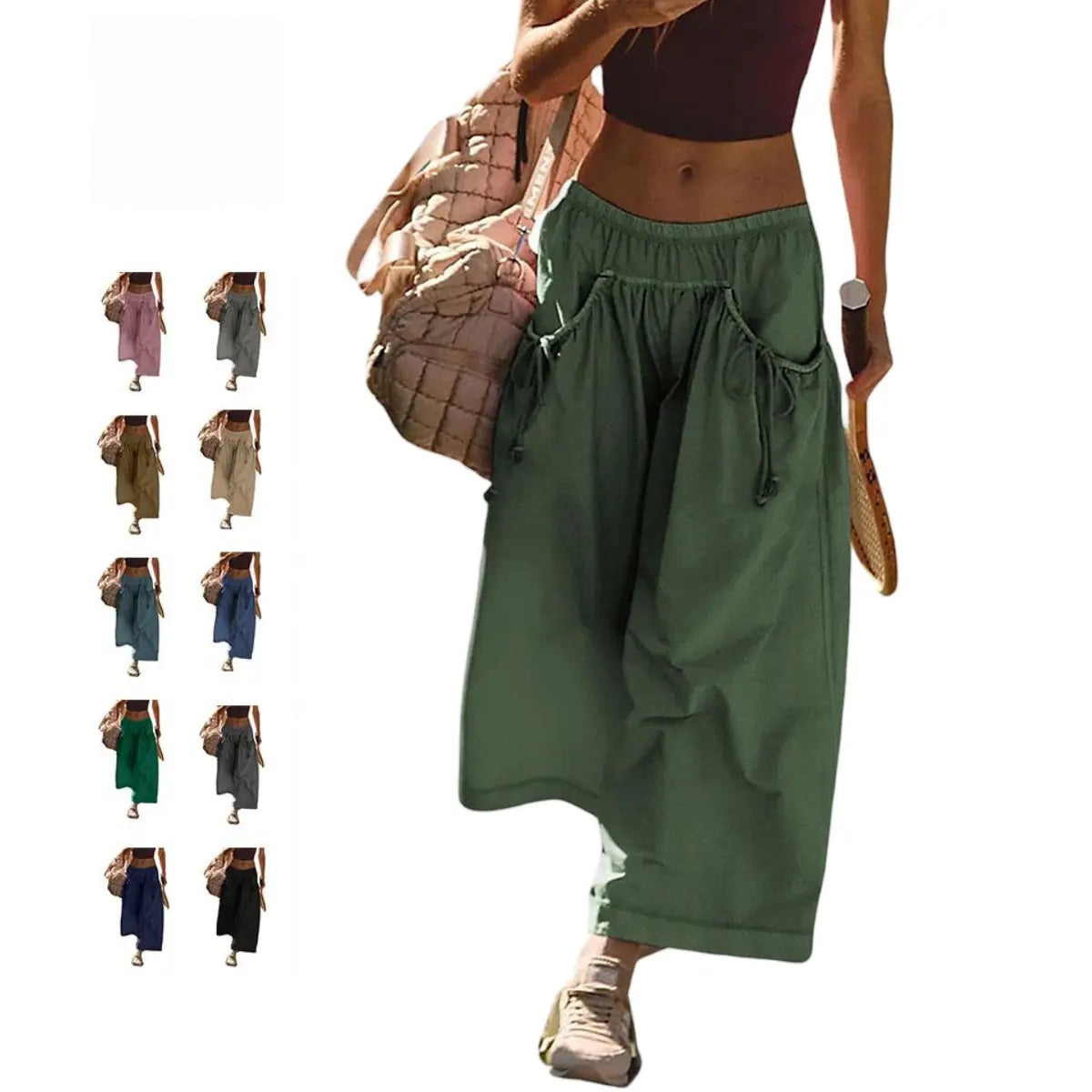 Women Loose Wide Leg Capri Track Pants, Elastic Drawstring Waist with Pockets, Athleisure Pants for Hiking Gym