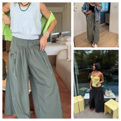 Women Loose Wide Leg Capri Track Pants, Elastic Drawstring Waist with Pockets, Athleisure Pants for Hiking Gym