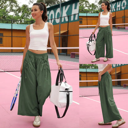 Women Loose Wide Leg Capri Track Pants, Elastic Drawstring Waist with Pockets, Athleisure Pants for Hiking Gym