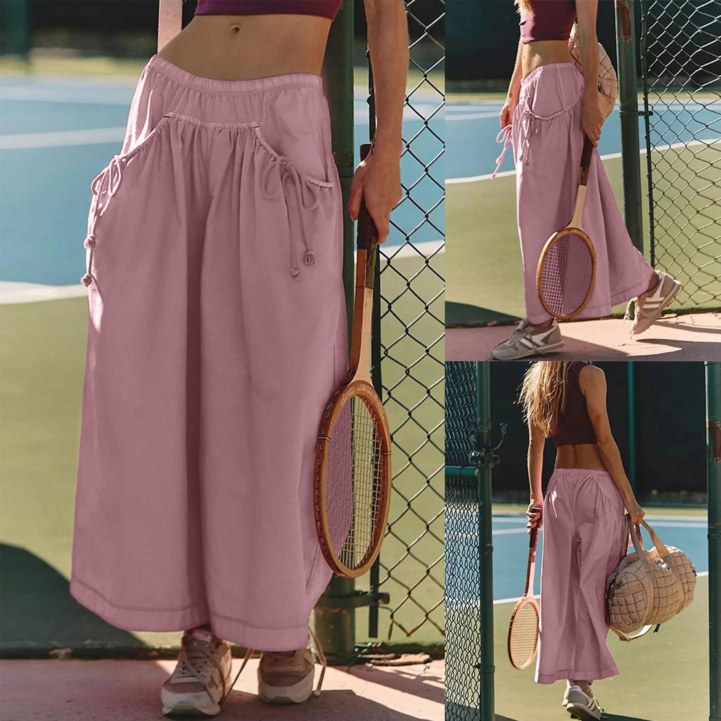 Women Loose Wide Leg Capri Track Pants, Elastic Drawstring Waist with Pockets, Athleisure Pants for Hiking Gym